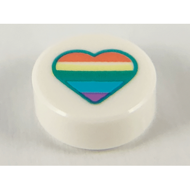 white tile round 1 x 1 with heart with pastel rainbow stripes pattern