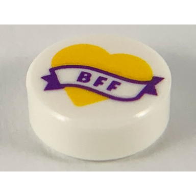 white tile round 1 x 1 with bright light orange heart and banner with dark purple bff pattern