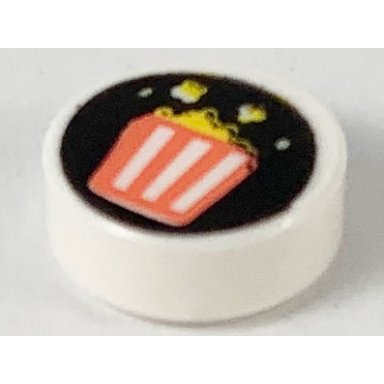 white tile round 1 x 1 with coral striped popcorn bucket on black background pattern