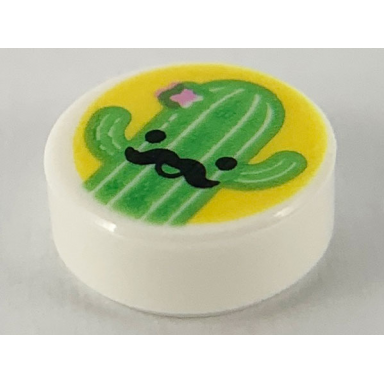 white tile round 1 x 1 with bright green cactus with black moustache on yellow background pattern