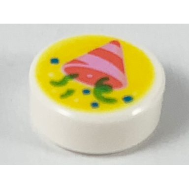 white tile round 1 x 1 with coral and bright pink party hat and bright green and blue confetti on yellow background pattern