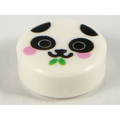 white tile round 1 x 1 with panda face with bright pink cheeks and bright green bamboo leaves pattern