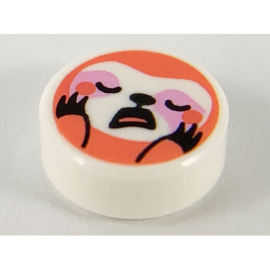 white tile round 1 x 1 with coral sloth with white face bright pink around eyes pattern