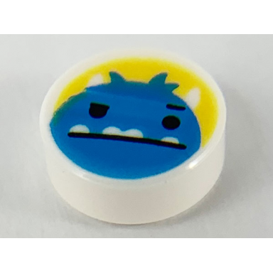 white tile round 1 x 1 with dark azure monster head with horns black eyes and 4 white underbite teeth on yellow background pattern