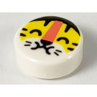 white tile round 1 x 1 with yellow tiger face with black closed eyes hair nose and whiskers and orange stripe pattern