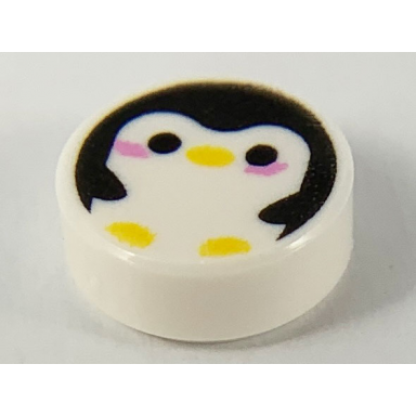 white tile round 1 x 1 with penguin with yellow beak and feet and bright pink cheeks pattern