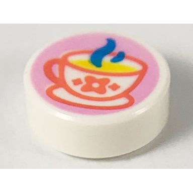 white tile round 1 x 1 with steaming teacup with coral outline and flower yellow drink and dark azure steam pattern