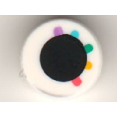 white tile round 1 x 1 with black circle eye with medium lavender medium azure dark turquoise yellow and coral eyelashes pattern