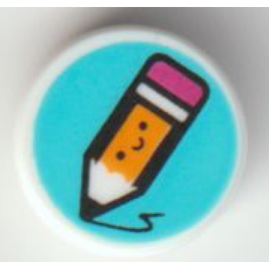 white tile round 1 x 1 with bright light orange pencil with magenta eraser and black eyes and smile on medium azure background pattern