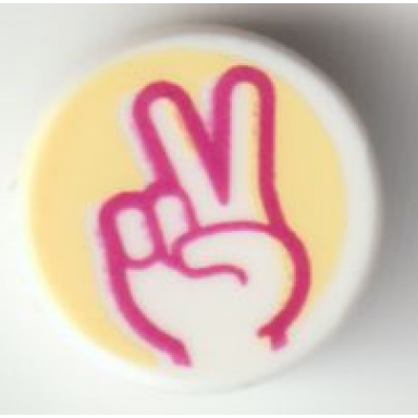 white tile round 1 x 1 with peace sign hand with magenta outline on bright light yellow background pattern