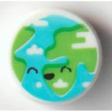 white tile round 1 x 1 with black closed eyes and open mouth smile on bright green and medium azure planet with clouds pattern