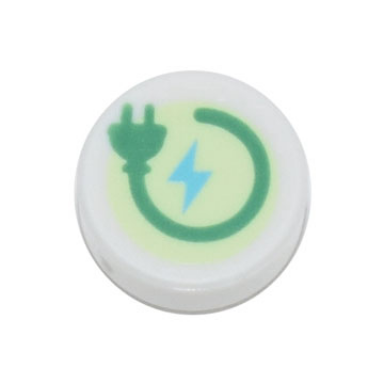 white tile round 1 x 1 with green electric power plug and medium azure lightning bolt on yellowish green background pattern