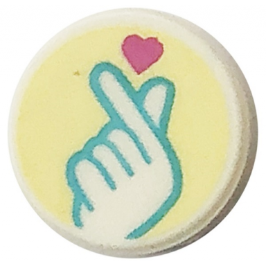 white tile round 1 x 1 with snapping fingers hand with medium azure outline and dark pink heart on bright light yellow background pattern