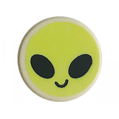 white tile round 1 x 1 with emoji yellowish green alien face and black oval eyes and smile pattern