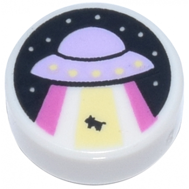 white tile round 1 x 1 with lavender ufo flying saucer dark pink and bright light yellow beams and black cow and night sky pattern