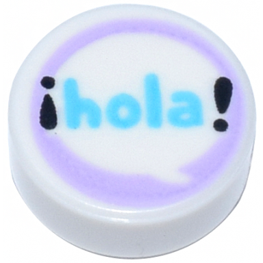 white tile round 1 x 1 with medium azure hola and black exclamation marks in speech bubble on lavender background pattern