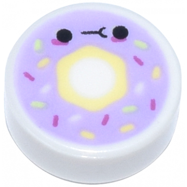 white tile round 1 x 1 with donut doughnut with lavender frosting sprinkles and black eyes and mouth pattern