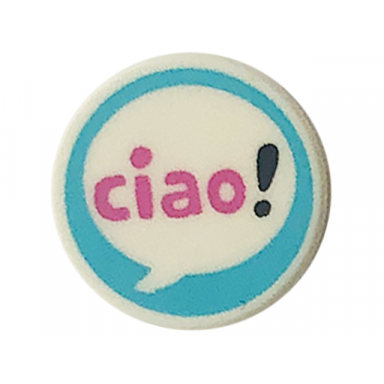 white tile round 1 x 1 with dark pink ciao and black exclamation mark in speech bubble on medium azure background pattern