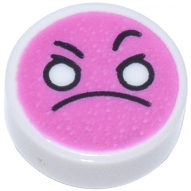 white tile round 1 x 1 with emoji dark pink angry face white eyes and black frown and eyebrows pattern