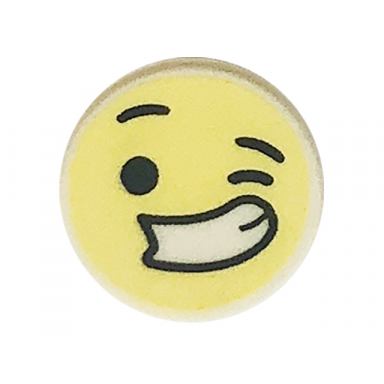 white tile round 1 x 1 with emoji bright light yellow winking face large smile with teeth and black eyes and eyebrows pattern