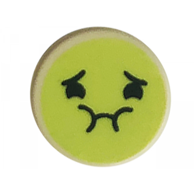 white tile round 1 x 1 with emoji yellowish green queasy face and black eyes eyebrows and mouth pattern