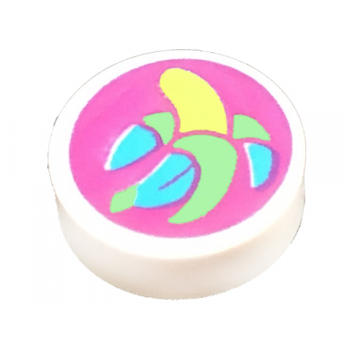 white tile round 1 x 1 with bright light yellow banana with medium azure and yellowish green peel on dark pink background pattern