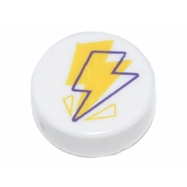 white tile round 1 x 1 with yellow and dark purple lightning bolt pattern