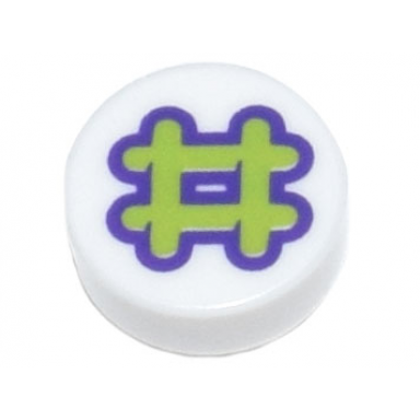 white tile round 1 x 1 with dark purple and lime number sign hash pound sign pattern