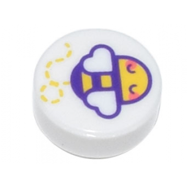 white tile round 1 x 1 with yellow and dark purple flying bumble bee with coral cheeks pattern