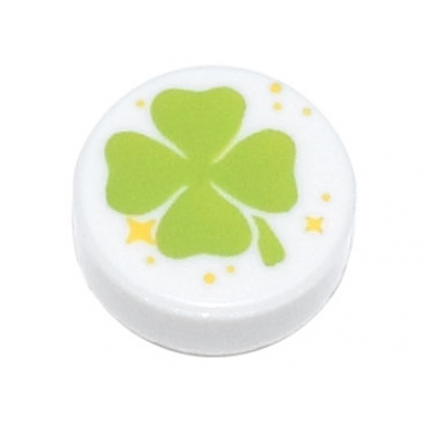 white tile round 1 x 1 with lime four-leaf clover and yellow sparkles pattern