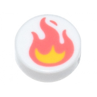 white tile round 1 x 1 with coral and yellow flame pattern
