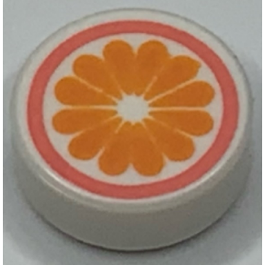 white tile round 1 x 1 with orange flower in coral circle pattern