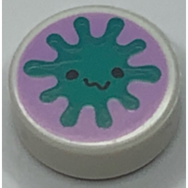 white tile round 1 x 1 with dark turquoise bacteria virus with face on lavender background pattern