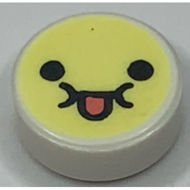 white tile round 1 x 1 with emoji bright light yellow face black eyes and coral tongue sticking out pattern
