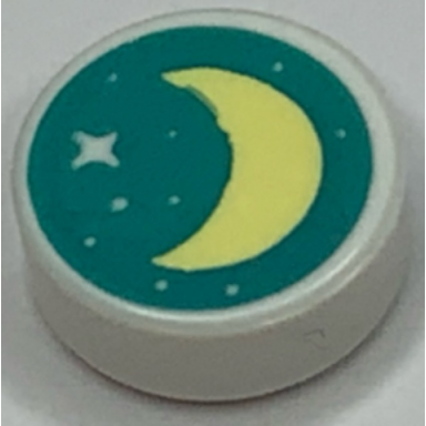 white tile round 1 x 1 with bright light yellow crescent moon and stars on dark turquoise background pattern
