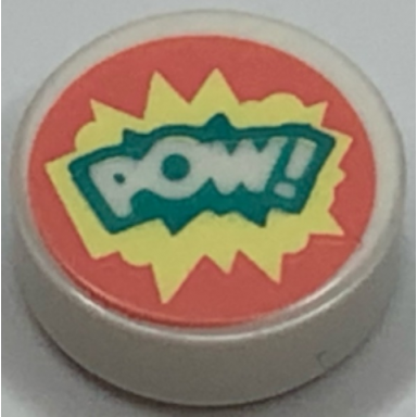 white tile round 1 x 1 with pow! on dark turquoise bright light yellow and coral background pattern