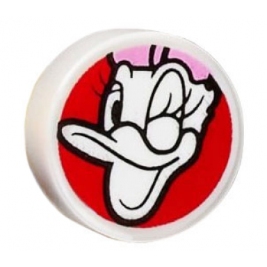 white tile round 1 x 1 with daisy duck head winking with bright pink bow on red background pattern