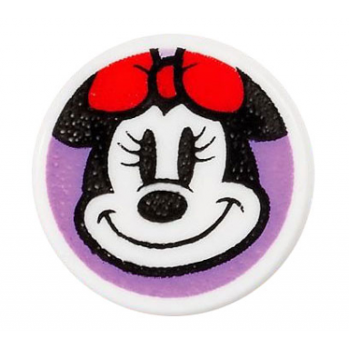 white tile round 1 x 1 with minnie mouse head smiling with red bow on medium lavender background pattern