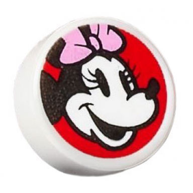 white tile round 1 x 1 with minnie mouse head profile with bright pink bow on red background pattern