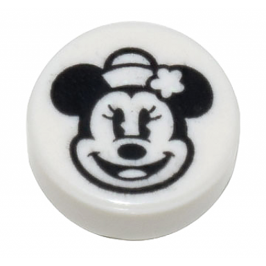 white tile round 1 x 1 with black minnie mouse head with hat and flower pattern