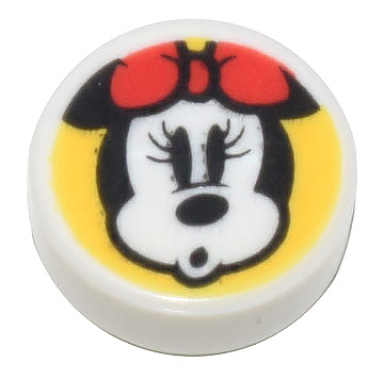 white tile round 1 x 1 with minnie mouse head surprised with red bow on yellow background pattern