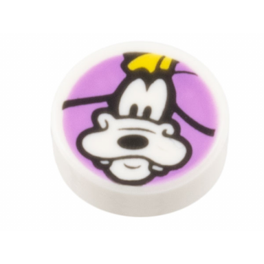 white tile round 1 x 1 with goofy head with yellow hat on medium lavender background pattern
