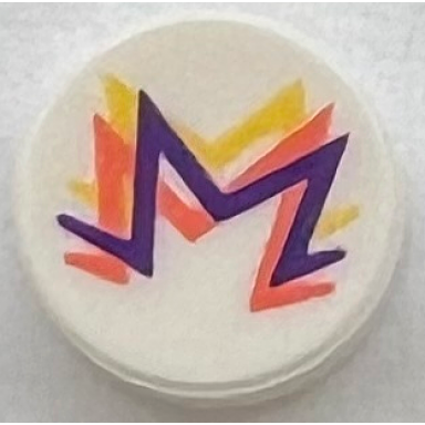 white tile round 1 x 1 with yellow coral and dark purple zigzag lines pattern