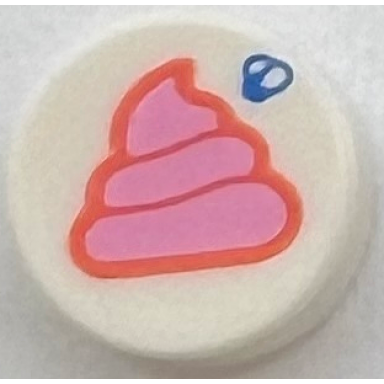 white tile round 1 x 1 with bright pink and coral poop emoji and blue fly pattern