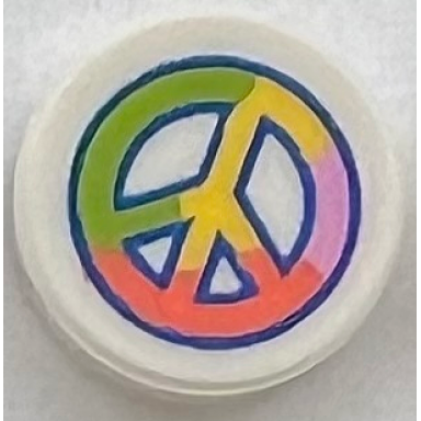 white tile round 1 x 1 with lime yellow coral and bright pink peace symbol pattern