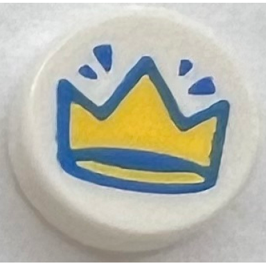 white tile round 1 x 1 with yellow crown with blue outline pattern