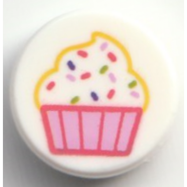 white tile round 1 x 1 with bright pink and coral cupcake with sprinkles pattern