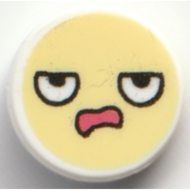 white tile round 1 x 1 with emoji bright light yellow face white eyes black pupils and coral open mouth annoyed expression pattern