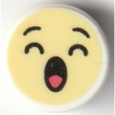 white tile round 1 x 1 with emoji bright light yellow face closed eyes and yawning open mouth with coral tongue pattern