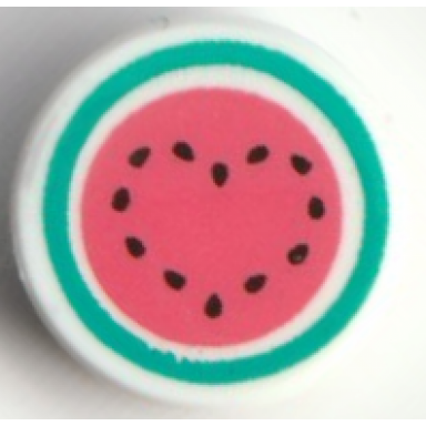 white tile round 1 x 1 with coral watermelon with dark turquoise circle rind and black seeds in heart shape pattern